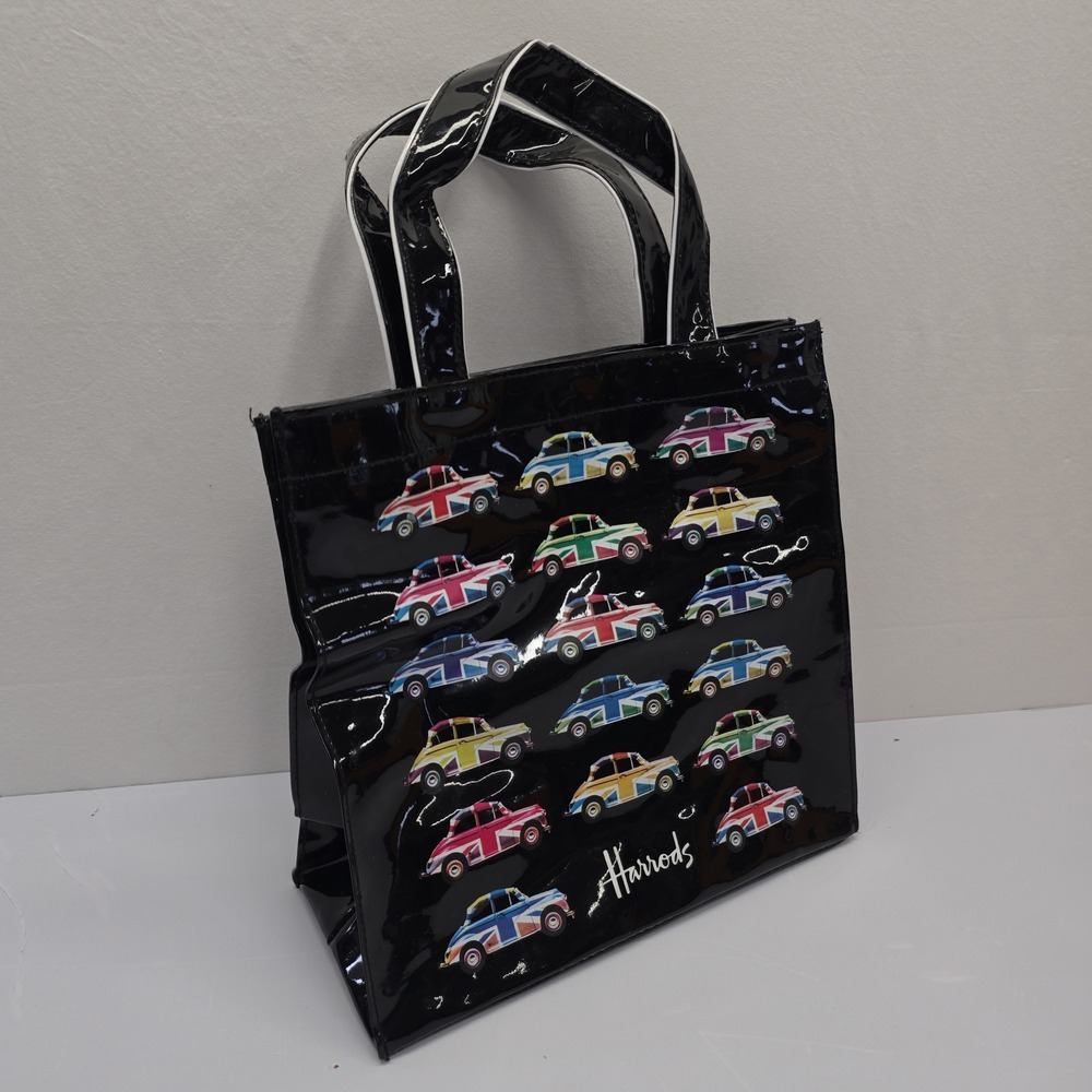 Harrods London Black Patent Tote Bag Union Jack Mini Cooper Print Souvenir